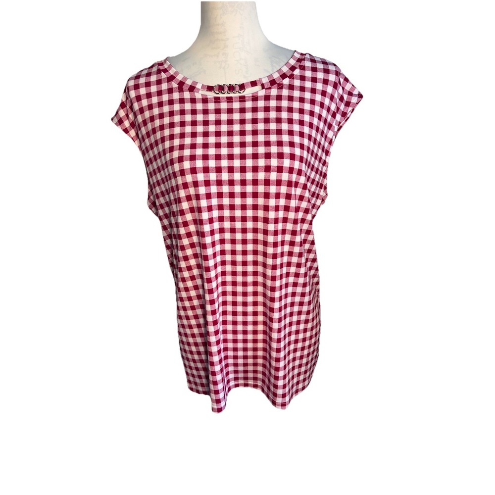 Liz Claiborne Red White Rose Gingham Check Print Jewel front  Keyhole Sz XL NEW